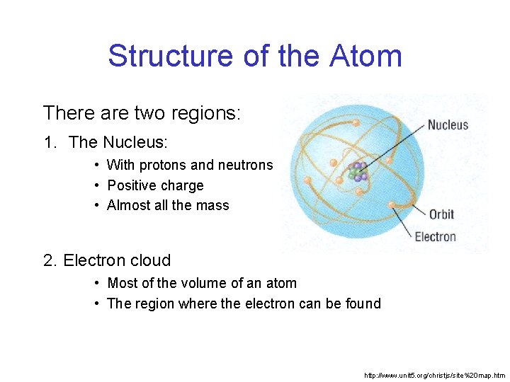 Structure of the Atom There are two regions: 1. The Nucleus: • With protons
