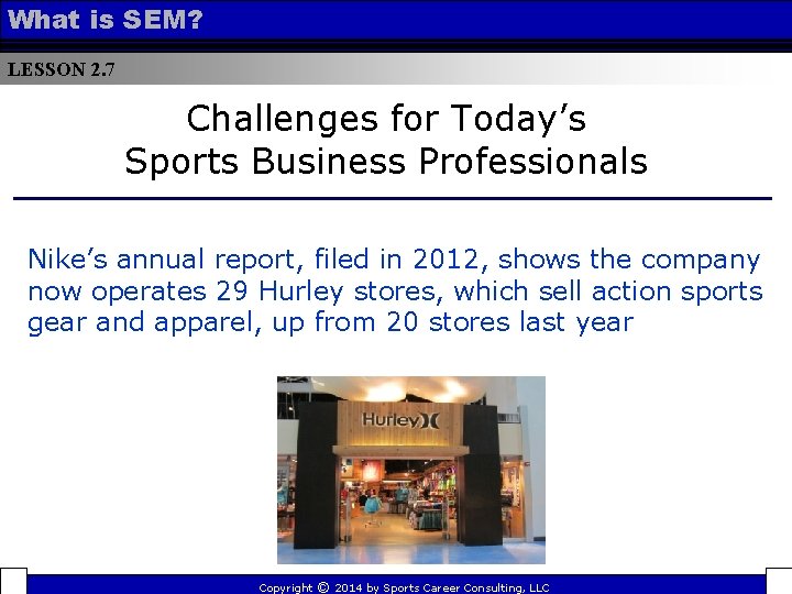 What is SEM? LESSON 2. 7 Challenges for Today’s Sports Business Professionals Nike’s annual