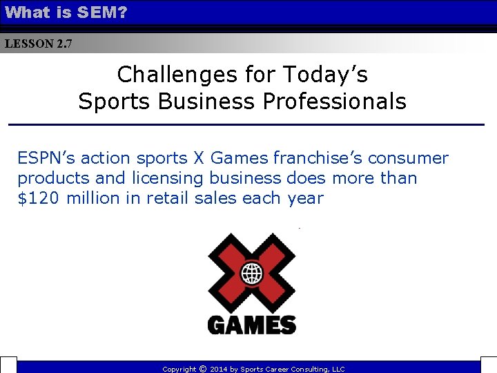 What is SEM? LESSON 2. 7 Challenges for Today’s Sports Business Professionals ESPN’s action