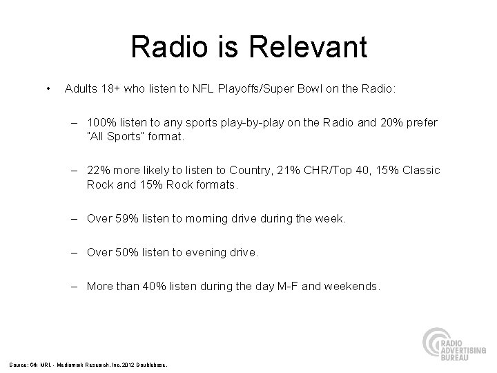 Radio is Relevant • Adults 18+ who listen to NFL Playoffs/Super Bowl on the
