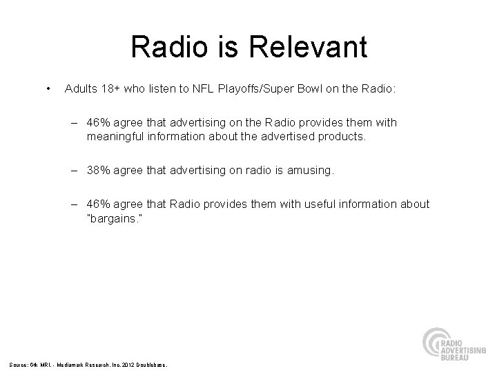 Radio is Relevant • Adults 18+ who listen to NFL Playoffs/Super Bowl on the