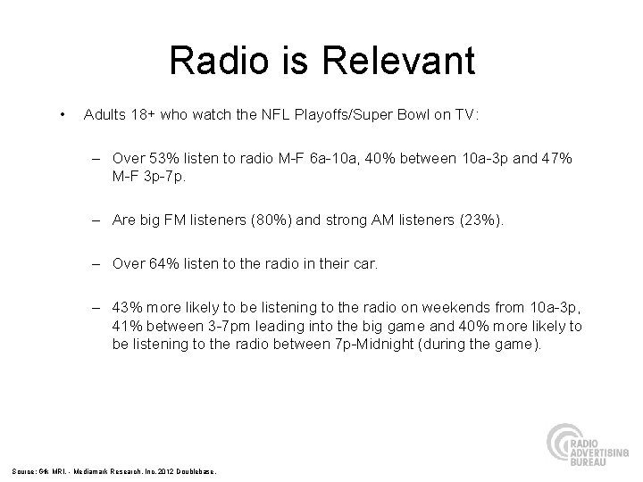 Radio is Relevant • Adults 18+ who watch the NFL Playoffs/Super Bowl on TV: