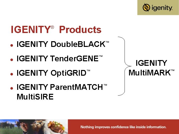 IGENITY Products ® l IGENITY Double. BLACK™ l IGENITY Tender. GENE™ l IGENITY Opti.