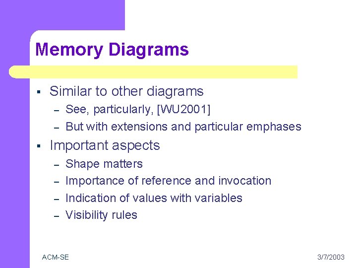 Memory Diagrams § Similar to other diagrams – – § See, particularly, [WU 2001]