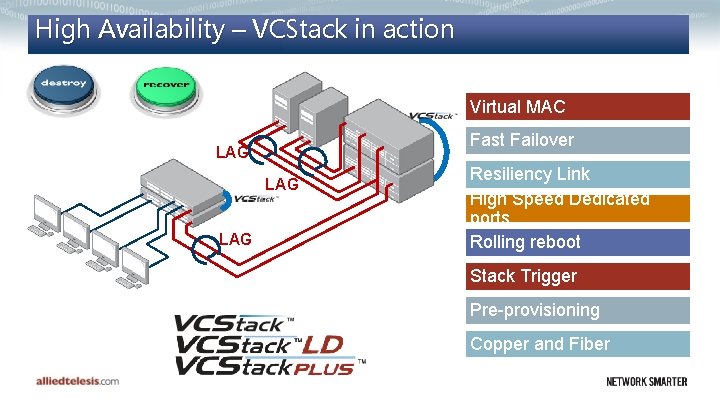 High Availability – VCStack in action Virtual MAC Fast Failover LAG LAG Resiliency Link