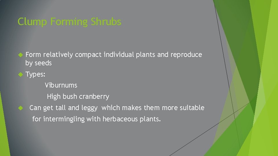 Clump Forming Shrubs Form relatively compact individual plants and reproduce by seeds Types: Viburnums