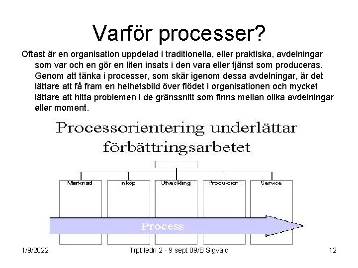 Varför processer? Oftast är en organisation uppdelad i traditionella, eller praktiska, avdelningar som var