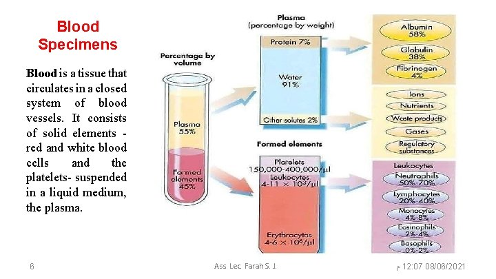 Blood Specimens Blood is a tissue that circulates in a closed system of blood