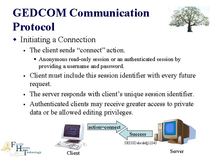 GEDCOM Communication Protocol w Initiating a Connection • The client sends “connect” action. §
