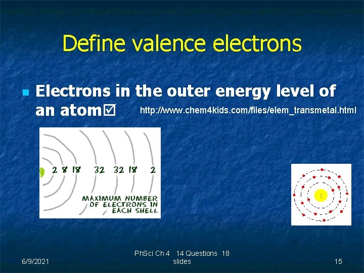 Define valence electrons n Electrons in the outer energy level of an atom http: