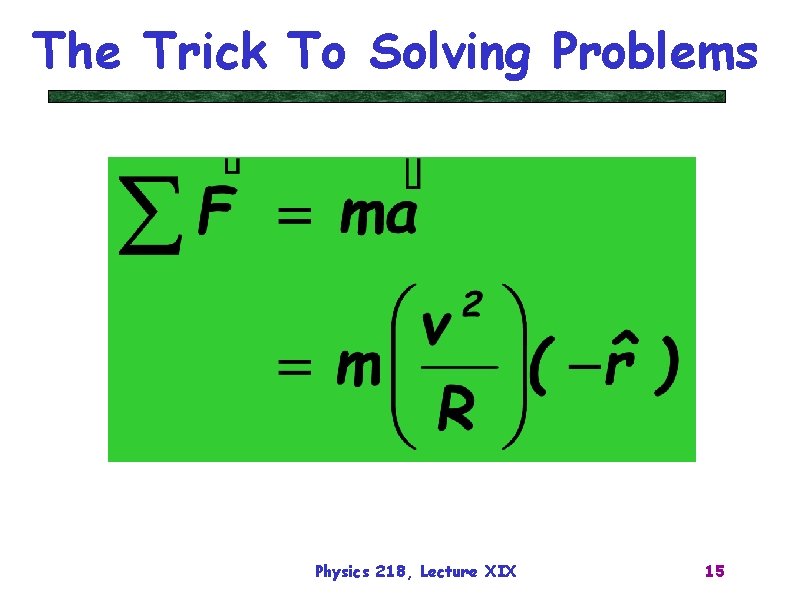 The Trick To Solving Problems Physics 218, Lecture XIX 15 