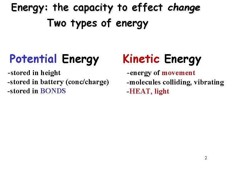 Energy: the capacity to effect change Two types of energy Potential Energy Kinetic Energy