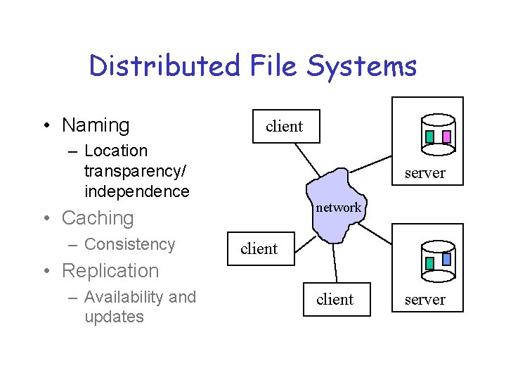 Distributed File Systems • Naming client – Location transparency/ independence server network • Caching