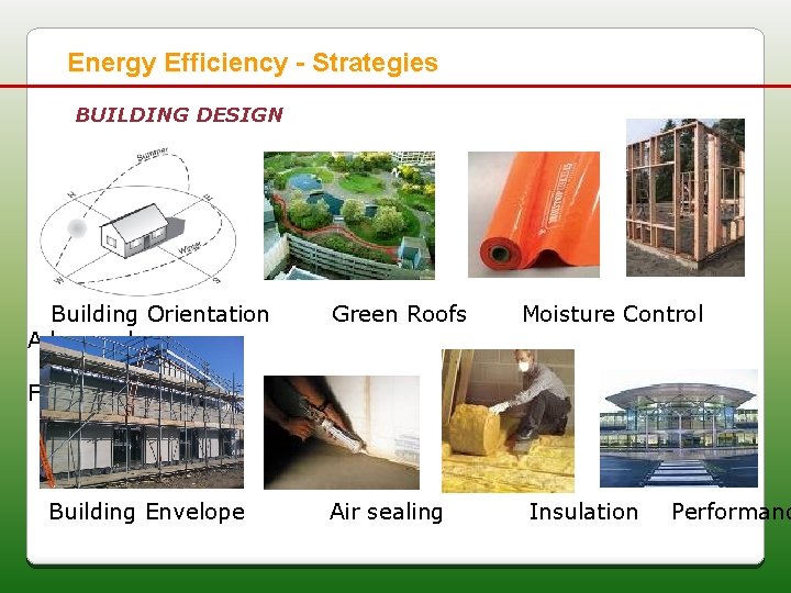 Energy Efficiency - Strategies BUILDING DESIGN Building Orientation Advanced Green Roofs Moisture Control Framing