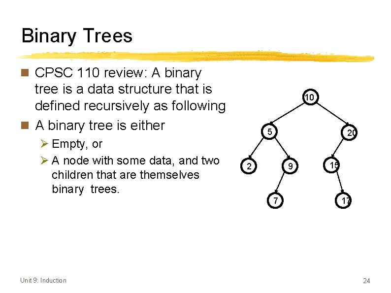 Binary Trees n CPSC 110 review: A binary tree is a data structure that