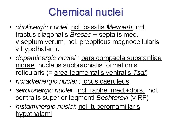 Chemical nuclei • cholinergic nuclei: ncl. basalis Meynerti, ncl. tractus diagonalis Brocae + septalis Chemical nuclei • cholinergic nuclei: ncl. basalis Meynerti, ncl. tractus diagonalis Brocae + septalis