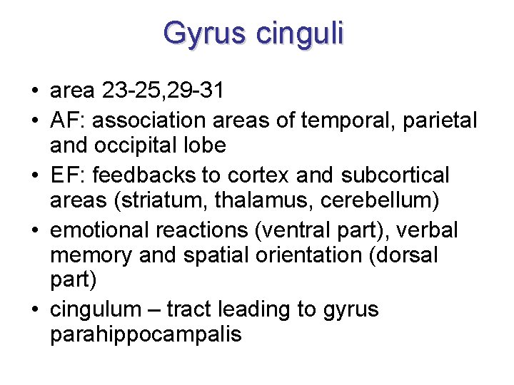Gyrus cinguli • area 23 -25, 29 -31 • AF: association areas of temporal, Gyrus cinguli • area 23 -25, 29 -31 • AF: association areas of temporal,