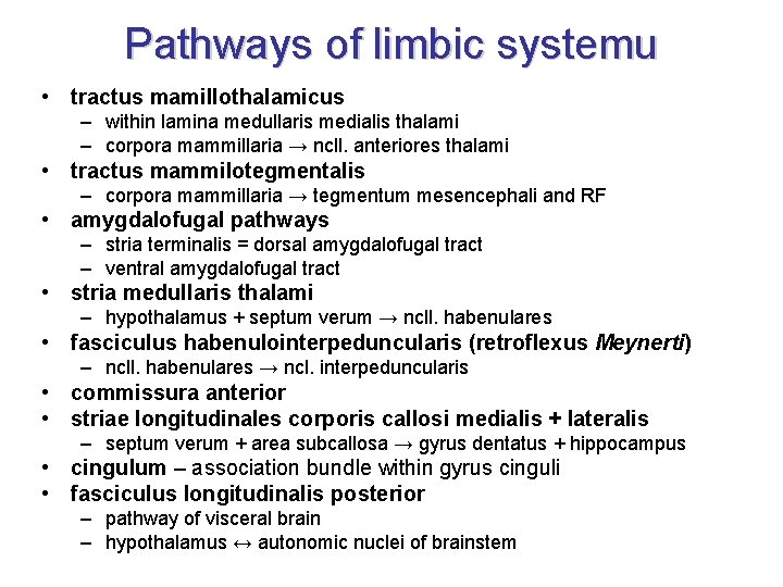 Pathways of limbic systemu • tractus mamillothalamicus – within lamina medullaris medialis thalami – Pathways of limbic systemu • tractus mamillothalamicus – within lamina medullaris medialis thalami –