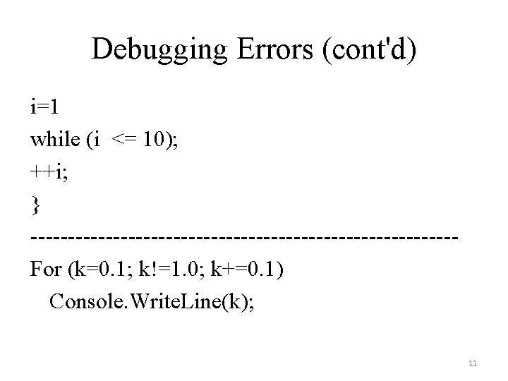 Debugging Errors (cont'd) i=1 while (i <= 10); ++i; } ----------------------------For (k=0. 1; k!=1.