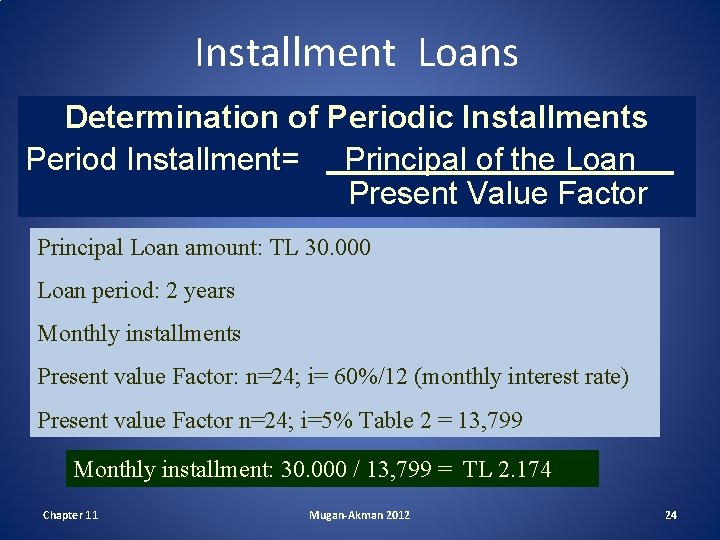 Installment Loans Determination of Periodic Installments Period Installment= Principal of the Loan Present Value