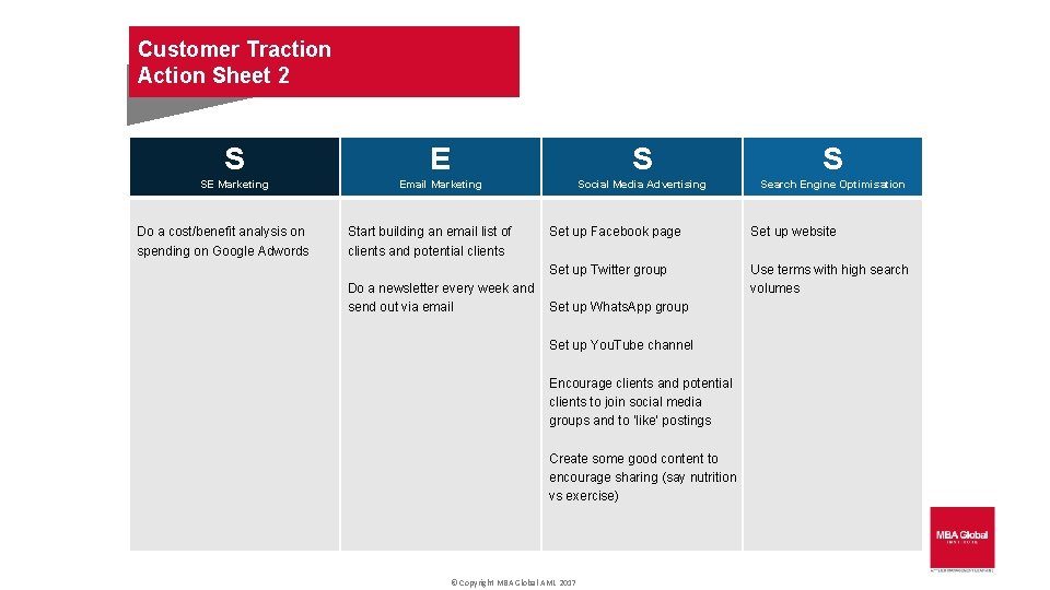 Customer Traction Action Sheet 2 S E S S SE Marketing Email Marketing Social
