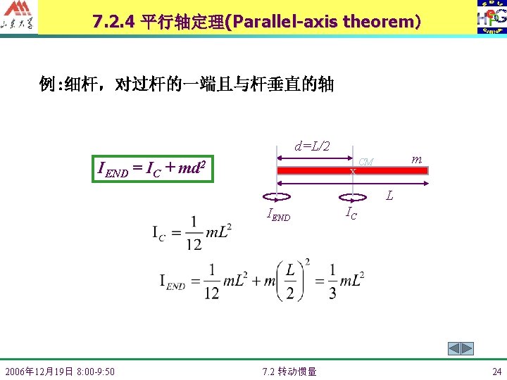 7. 2. 4 平行轴定理(Parallel-axis theorem） 例: 细杆，对过杆的一端且与杆垂直的轴 d=L/2 IEND = IC + md 2