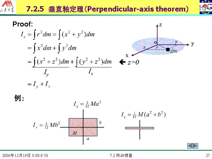 7. 2. 5 垂直轴定理(Perpendicular-axis theorem） Proof: z x x o r y y dm