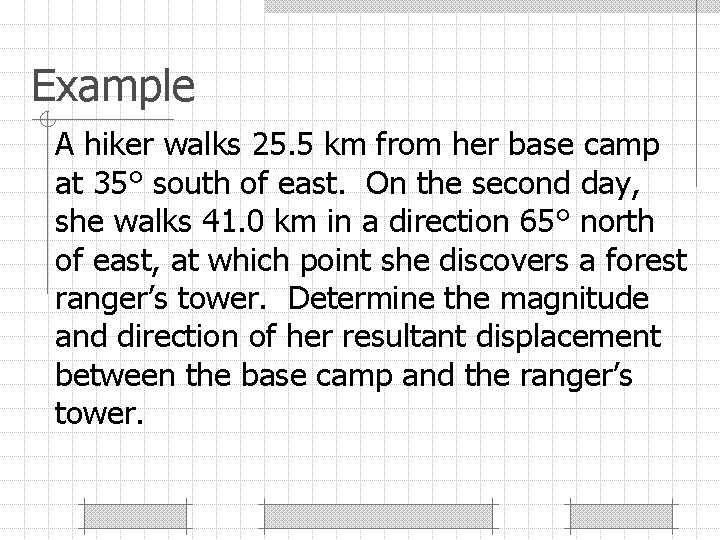 Example A hiker walks 25. 5 km from her base camp at 35° south