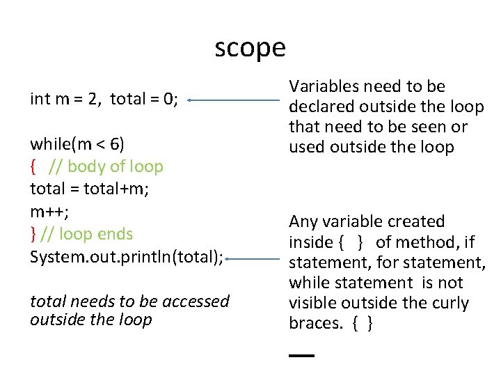 scope int m = 2, total = 0; while(m < 6) { // body scope int m = 2, total = 0; while(m < 6) { // body
