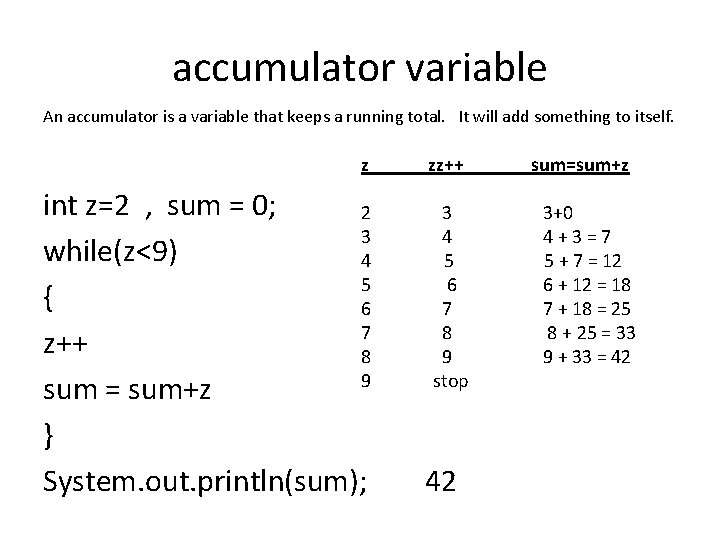 accumulator variable An accumulator is a variable that keeps a running total. It will accumulator variable An accumulator is a variable that keeps a running total. It will