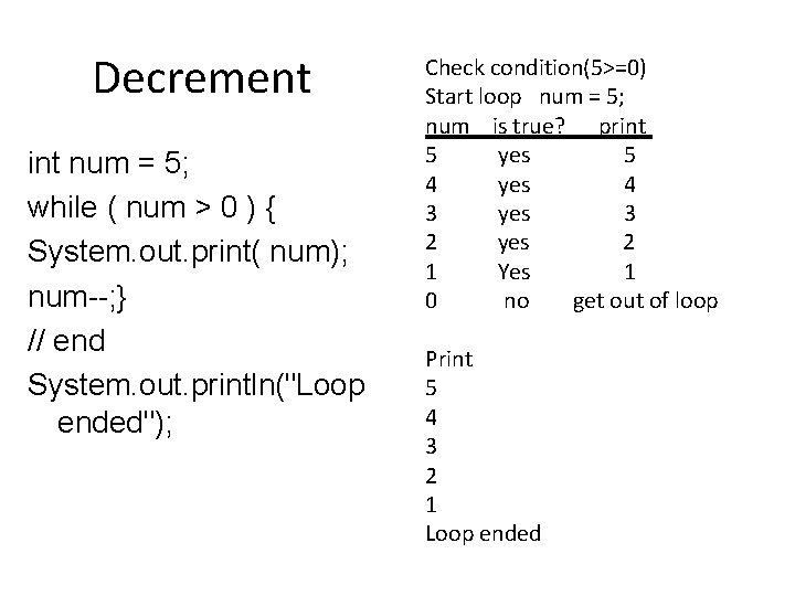 Decrement int num = 5; while ( num > 0 ) { System. out. Decrement int num = 5; while ( num > 0 ) { System. out.