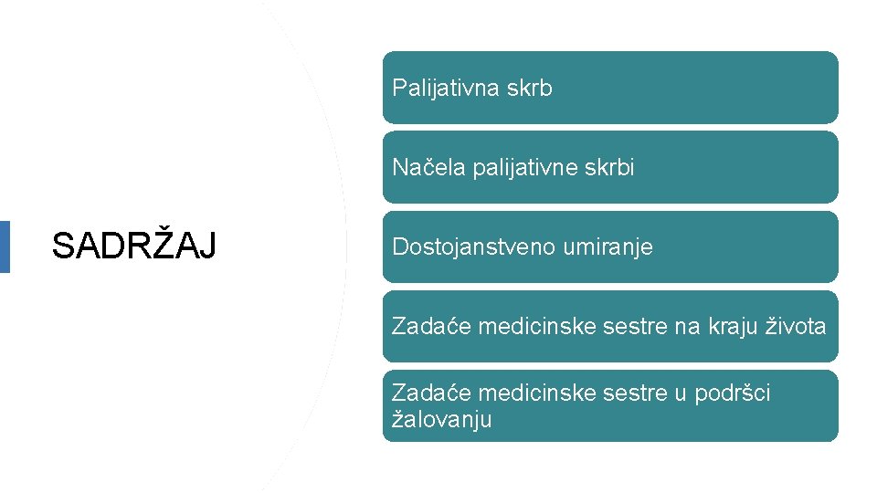 Palijativna skrb Načela palijativne skrbi SADRŽAJ Dostojanstveno umiranje Zadaće medicinske sestre na kraju života