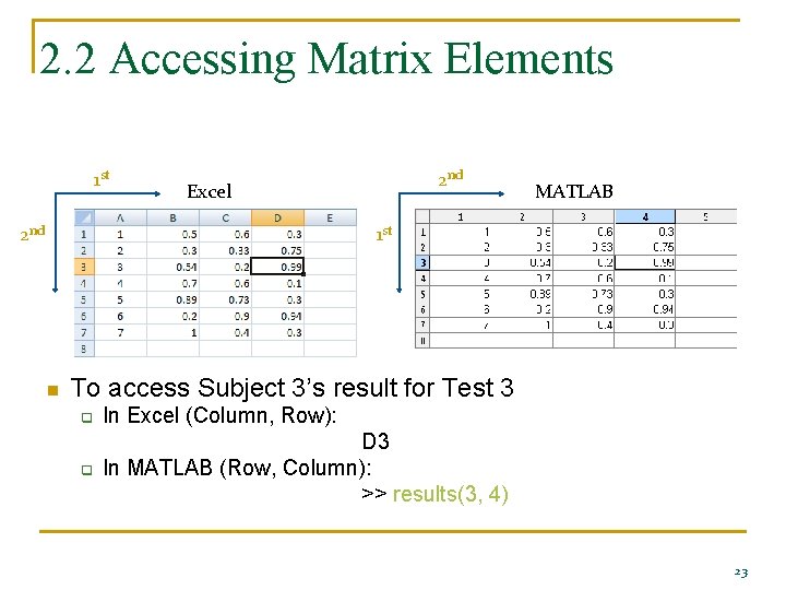 2. 2 Accessing Matrix Elements 1 st 2 nd Excel 2 nd MATLAB 1