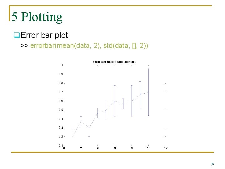 5 Plotting q. Error bar plot >> errorbar(mean(data, 2), std(data, [], 2)) 71 