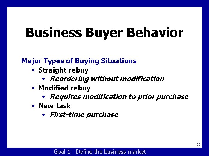 Business Buyer Behavior Major Types of Buying Situations § Straight rebuy • Reordering without