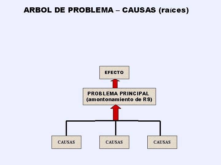 ARBOL DE PROBLEMA – CAUSAS (raíces) EFECTO PROBLEMA PRINCIPAL (amontonamiento de RS) CAUSAS 