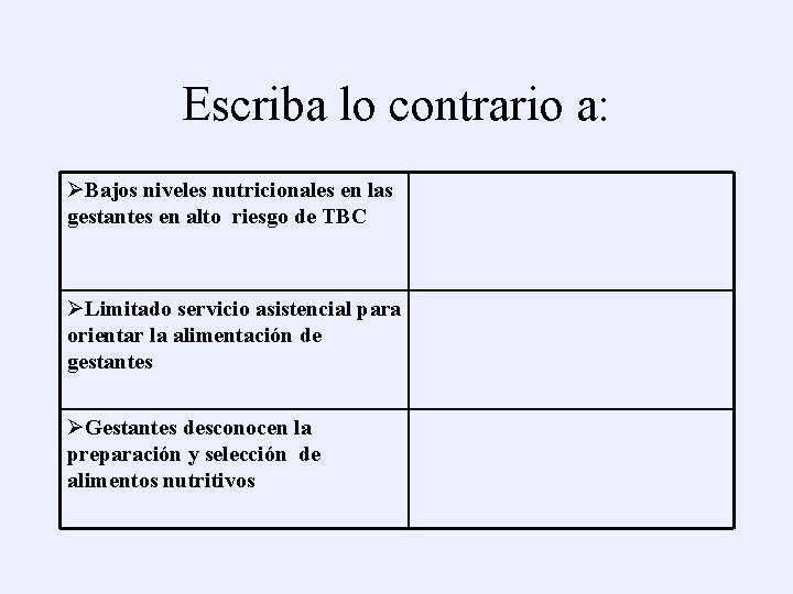 Escriba lo contrario a: ØBajos niveles nutricionales en las gestantes en alto riesgo de