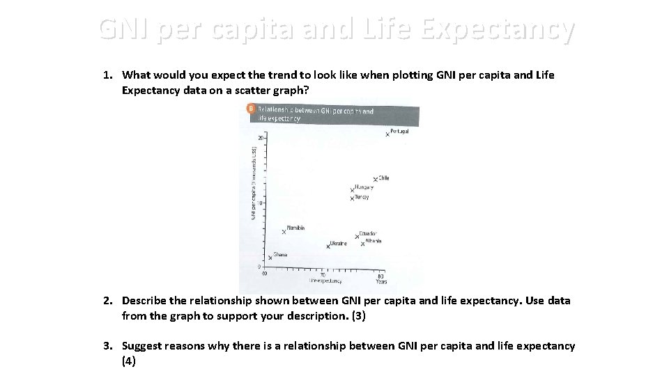 GNI per capita and Life Expectancy 1. What would you expect the trend to