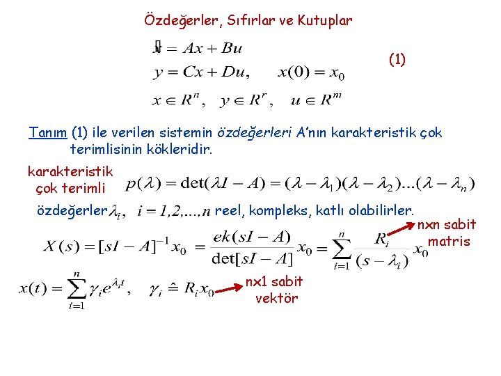 Özdeğerler, Sıfırlar ve Kutuplar (1) Tanım (1) ile verilen sistemin özdeğerleri A’nın karakteristik çok