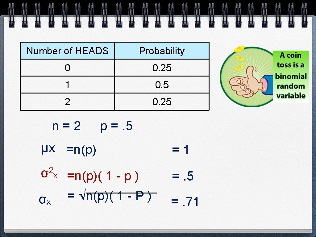 Number of HEADS Probability 0 0. 25 1 0. 5 2 0. 25 n=2 Number of HEADS Probability 0 0. 25 1 0. 5 2 0. 25 n=2