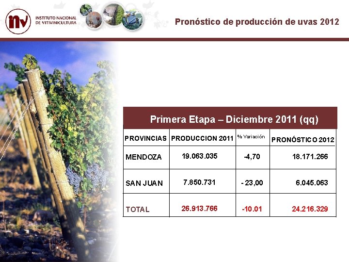 Pronóstico de producción de uvas 2012 Primera Etapa – Diciembre 2011 (qq) PROVINCIAS PRODUCCION