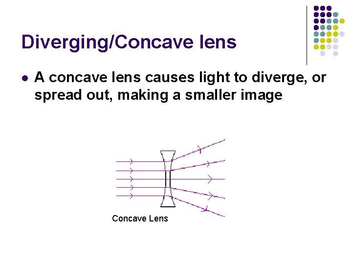 Diverging/Concave lens l A concave lens causes light to diverge, or spread out, making