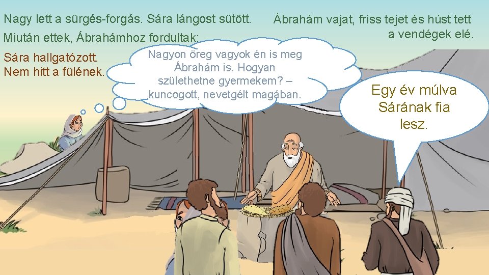 Nagy lett a sürgés-forgás. Sára lángost sütött. Miután ettek, Ábrahámhoz fordultak: Sára hallgatózott. Nem