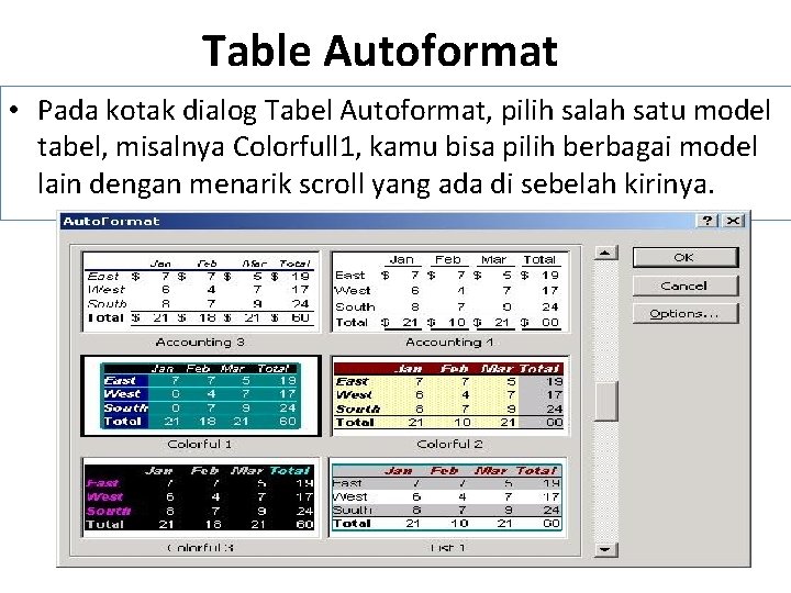 Table Autoformat • Pada kotak dialog Tabel Autoformat, pilih salah satu model tabel, misalnya
