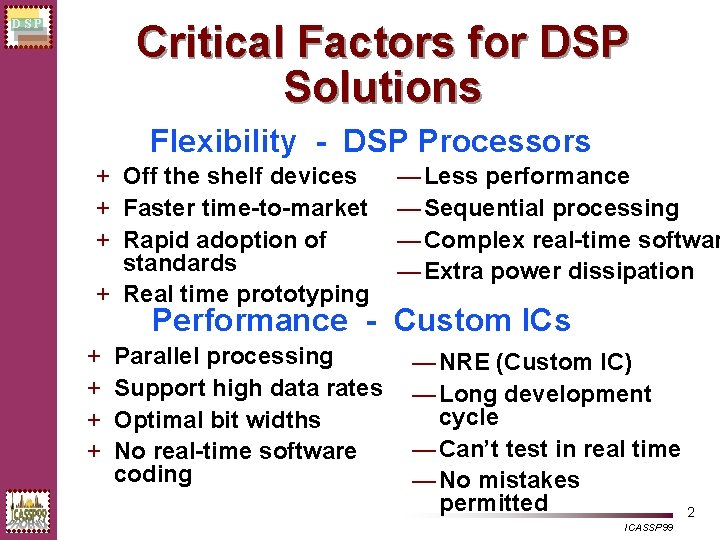 Critical Factors for DSP Solutions DSP Flexibility - DSP Processors + Off the shelf