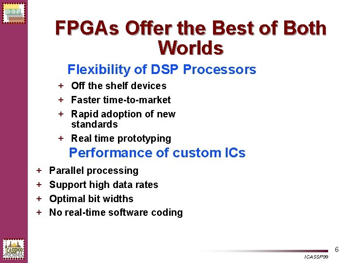 DSP FPGAs Offer the Best of Both Worlds Flexibility of DSP Processors + Off