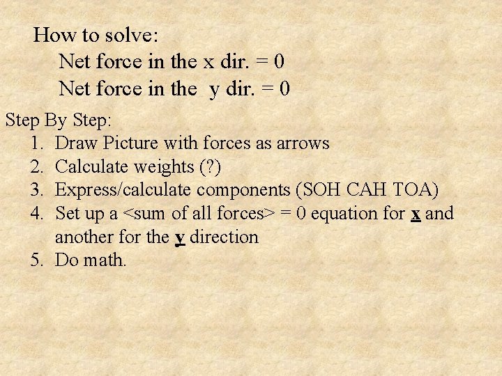 How to solve: Net force in the x dir. = 0 Net force in