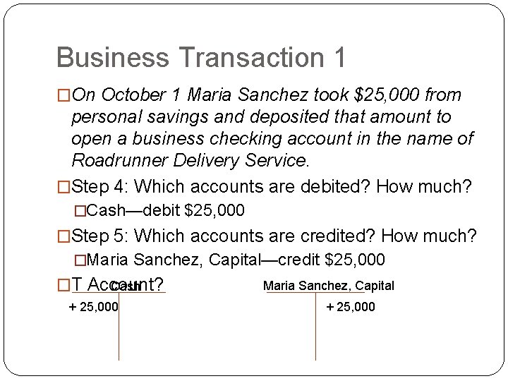 Business Transaction 1 �On October 1 Maria Sanchez took $25, 000 from personal savings