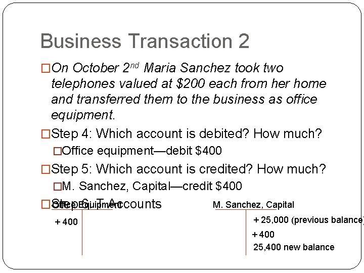 Business Transaction 2 �On October 2 nd Maria Sanchez took two telephones valued at