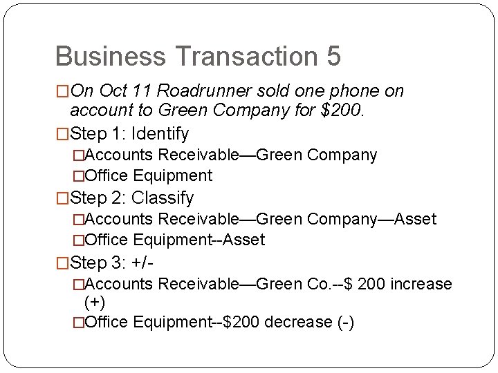 Business Transaction 5 �On Oct 11 Roadrunner sold one phone on account to Green